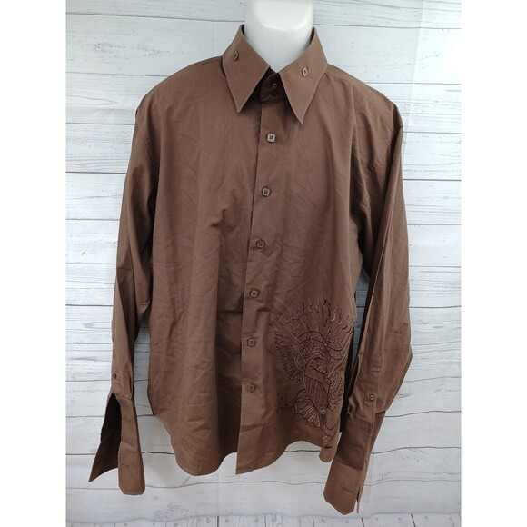 Manzini Brown Dress Shirt Mens XL Button Front French Cuff Embroidery Eagle - Picture 1 of 12